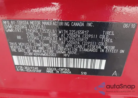 2010 Toyota Rav4 z USA, uszkodzony, nr VIN 2T3BF4DV4AW062003